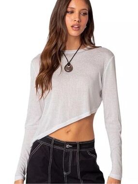Edikted White Asymmetric Cropped Long Sleeve Tee